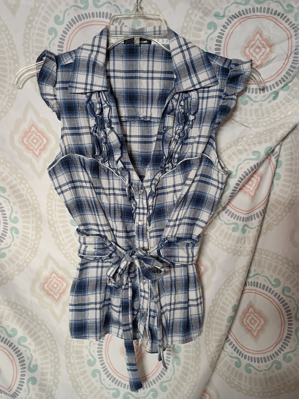 Blue With Hints Of Pink Plaid Ruffle Tie-Waist Women's Top